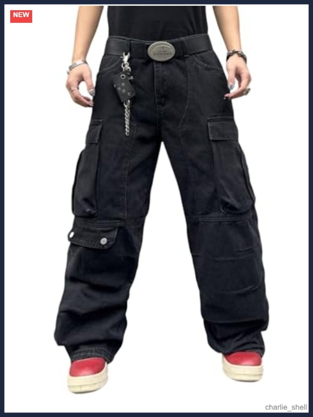Mens Goth Baggy Cargo Jeans Steampunk Patchwork Wide Leg Pants